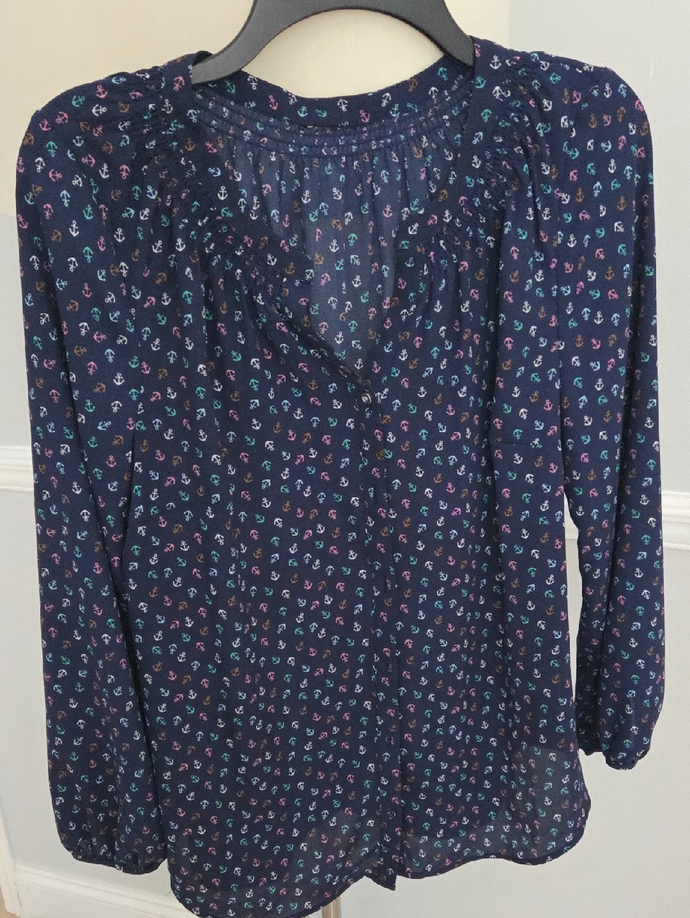 Navy Anchor Print Long Sleeve Blouse